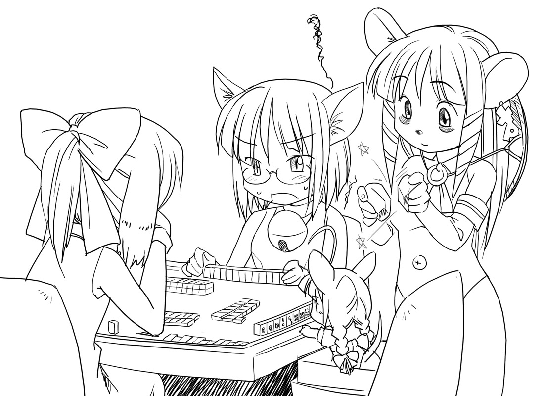 2k-tan, inu-t, me-tan, xp-tan, os-tan, 4girls, animal ears, board game, glasses, greyscale, mahjong, monochrome, multiple girls, playing games