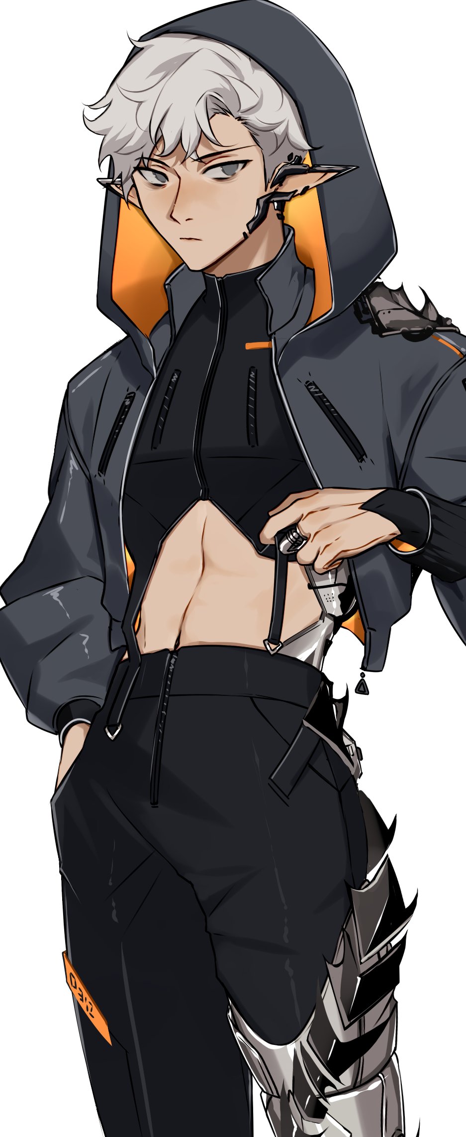 elfboiii, commentary, english commentary, highres, 1boy, 1hp club, adjusting clothes, bags under eyes, black jacket, black shirt, clothing cutout, cowboy shot, curtained hair, expressionless, grey eyes, hand in pocket, hood, hood up, jacket, looking at viewer, male focus, obi (1hp club), prosthesis, prosthetic finger, prosthetic leg, shirt, short hair, shorts, shoulder pads, solo, standing, stomach cutout, toned, toned male, turtleneck, white hair