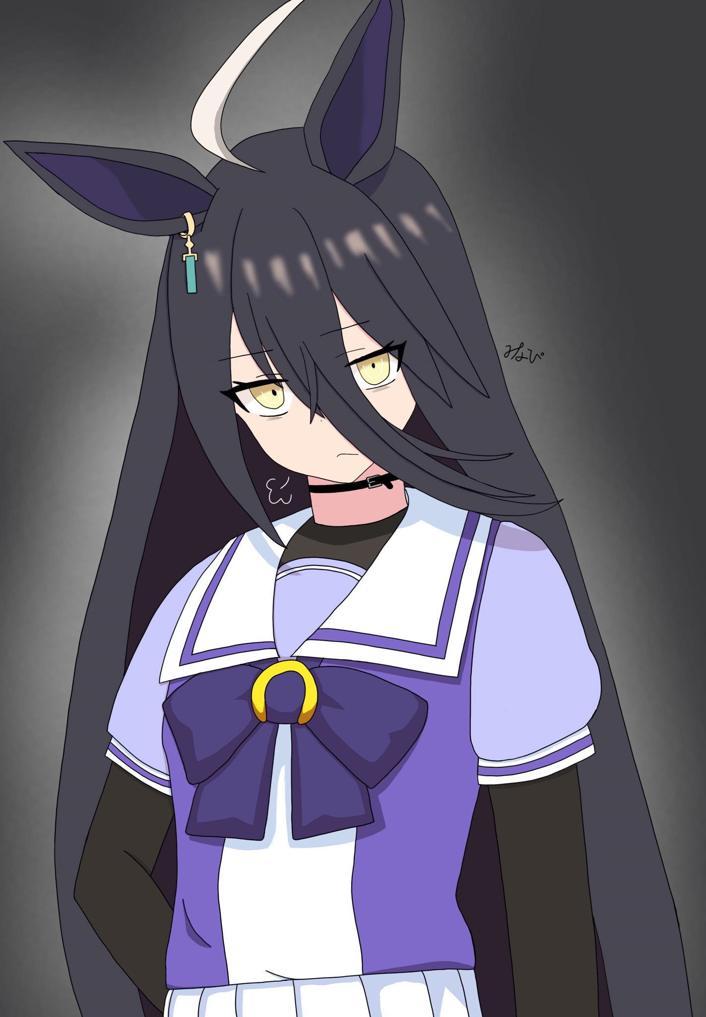 manhattan cafe (umamusume), highres, 1girl, ahoge, animal ears, artist name, black collar, black undershirt, bow, bowtie, closed mouth, collar, e/ye, ear ornament, ear tag, earrings, from behind, grey background, hair between eyes, horse ears, horse girl, jewelry, layered sleeves, long bangs, long hair between eyes, long sleeves, minapi 37p, multicolored hair, pleated skirt, puff of air, puffy short sleeves, puffy sleeves, purple bow, purple bowtie, purple shirt, sailor collar, school uniform, shirt, shirt tucked in, short over long sleeves, short sleeves, signature, single earring, skirt, solo, tracen school uniform, two-tone shirt, white hair, white sailor collar, white shirt, white skirt, yellow eyes