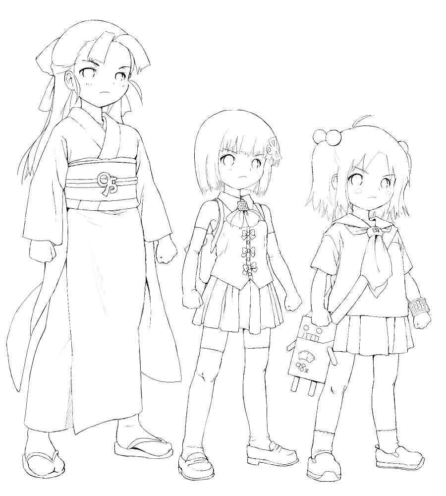 95-tan, 98-tan, 98se-tan, poe (zelda), os-tan, >:(, 3girls, aged down, ascot, backpack, bag, beads, bob cut, bracelet, clenched hand, frown, greyscale, hair beads, hair ornament, japanese clothes, jewelry, kimono, monochrome, multiple girls, neckerchief, pleated skirt, robe, robot, sash, school bag, school uniform, serious, skirt, standing, thighhighs, v-shaped eyebrows, zettai ryouiki