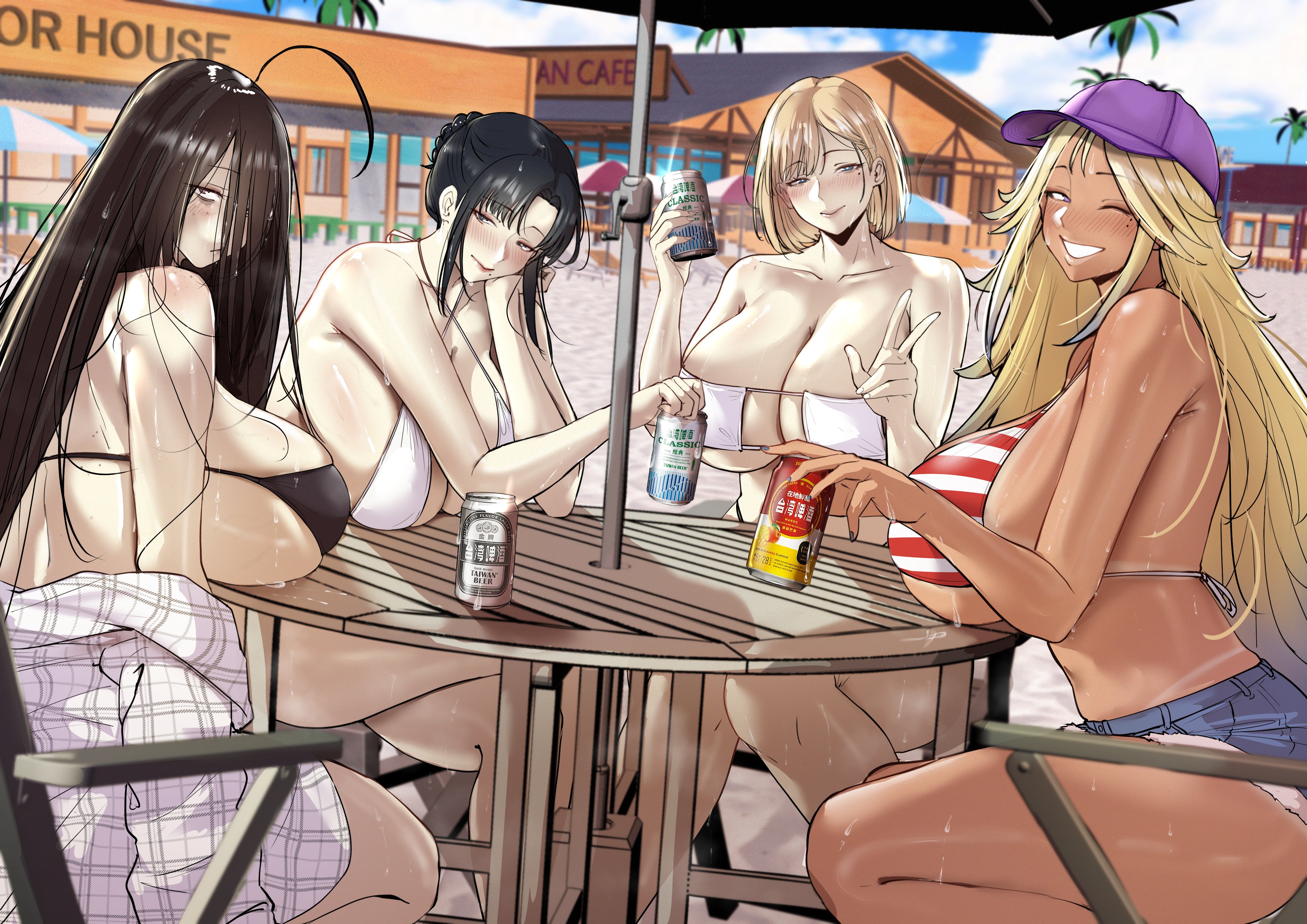 puzenketsu, eve (puzenketsu), honey (puzenketsu), nush (xter), original, absurdres, highres, 4girls, ahoge, beach, beer can, bikini, black bikini, black hair, blonde hair, blue sky, borrowed character, braid, breasts, can, cleavage, dark-skinned female, dark skin, day, drink can, eyepatch bikini, gyaru, hair between eyes, hair bun, holding, holding can, huge breasts, long hair, mature female, mole, mole under eye, mole under mouth, multiple girls, onee gyaru, palm tree, parasol, sand, sideboob, sidelocks, sky, striped bikini, striped clothes, swimsuit, tree, umbrella, v, vertical-striped bikini, vertical-striped clothes, very long hair, white bikini