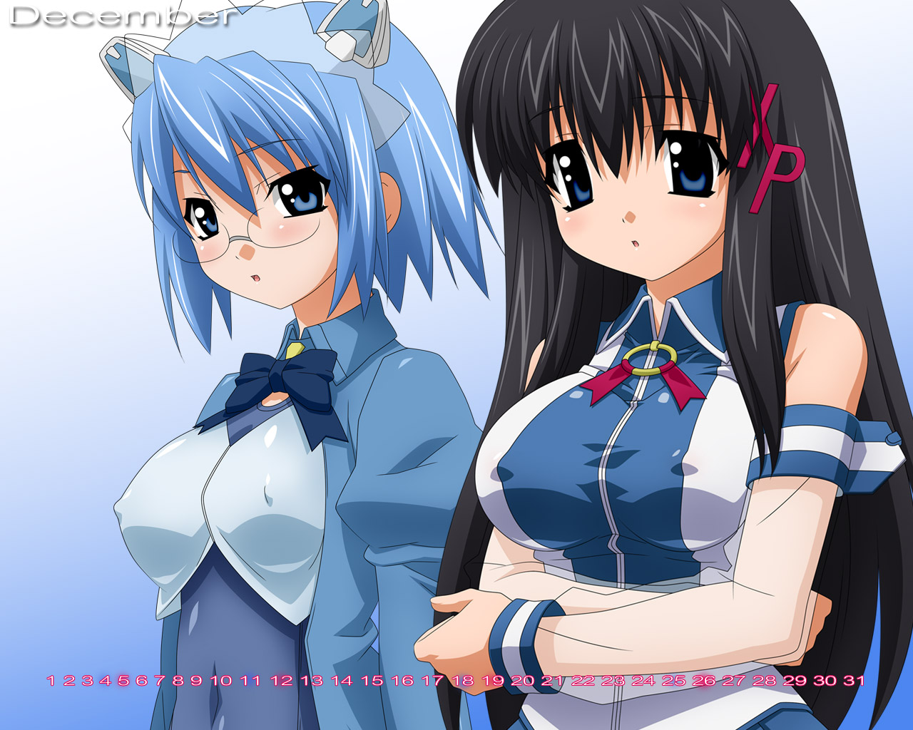 sugimura tomokazu, 2k-tan, xp-tan, os-tan, 2girls, bare shoulders, black hair, blue background, blue eyes, blue hair, blue one-piece swimsuit, blush, bow, bowtie, breasts, calendar, character name, covered erect nipples, covered navel, crossed arms, december, detached sleeves, glasses, gradient background, hair ornament, juliet sleeves, large breasts, long hair, long sleeves, looking at viewer, maid headdress, multiple girls, one-piece swimsuit, open clothes, parted lips, puffy sleeves, rimless eyewear, robot ears, school swimsuit, see-through clothes, shirt, short hair, sidelocks, sleeveless, sleeveless shirt, swimsuit, swimsuit under clothes, taut clothes, taut shirt, upper body, very long hair, wing collar