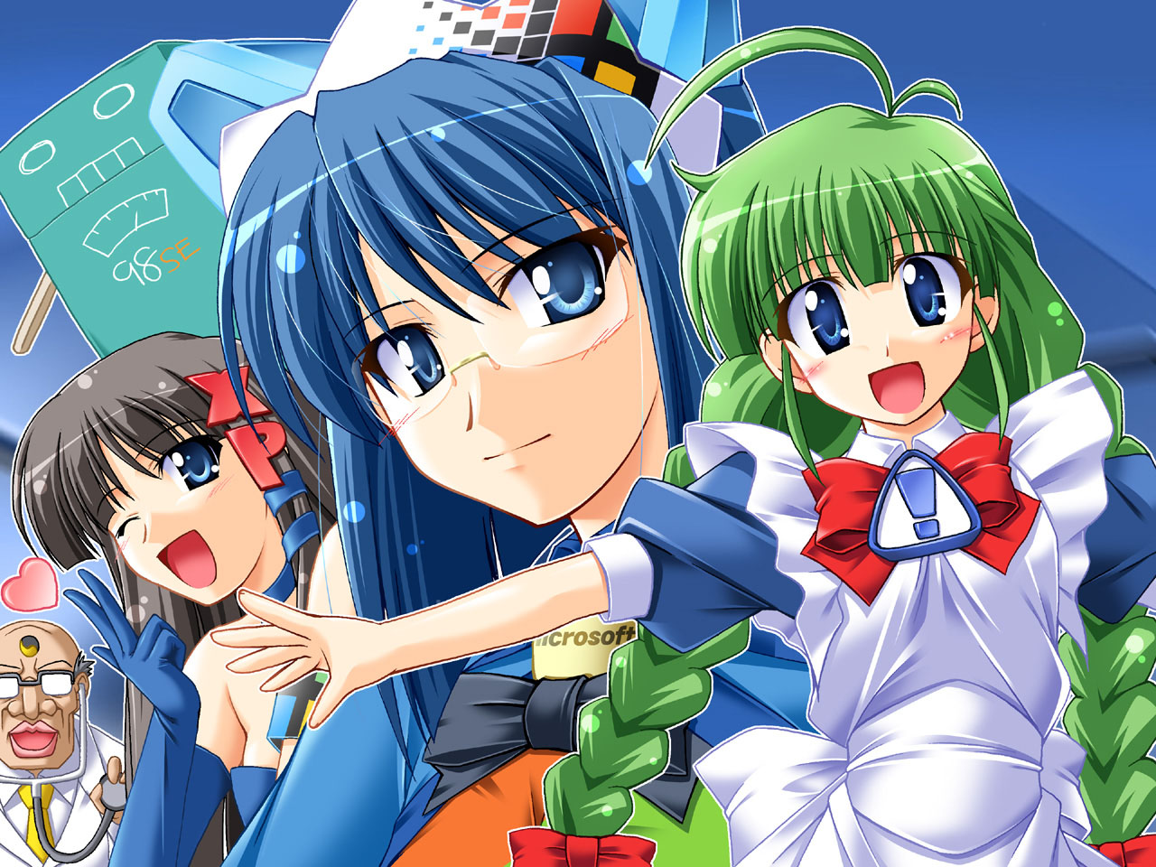 chogenbo musasiya, 2k-tan, 98se-tan, dr norton, me-tan, norton, xp-tan, microsoft windows, os-tan, windows 2000, windows classic, 1boy, 3girls, ahoge, bald, bare shoulders, blue eyes, blue hair, blush, bow, bowtie, braid, doctor, elbow gloves, glasses, gloves, green hair, heart, long hair, maid, multiple girls, old, old man, one eye closed, opaque glasses, open mouth, pervert, smile, stethoscope, twin braids, ugly bastard, very long hair, wink