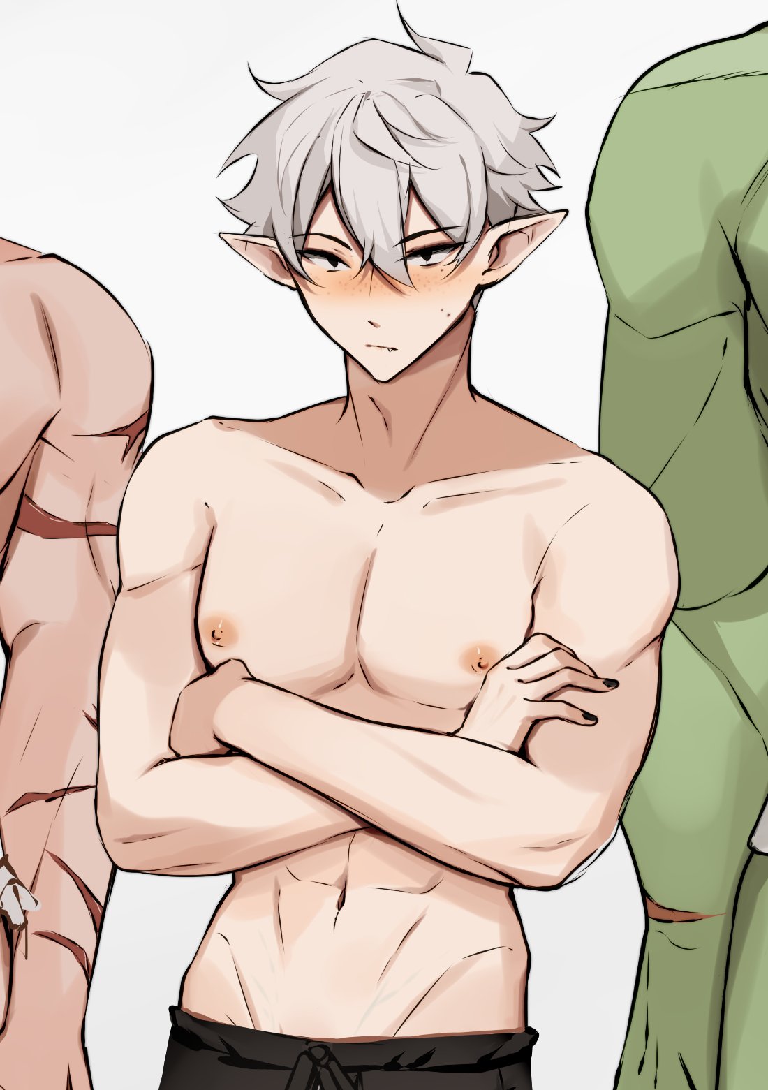 elfboiii, highres, 1boy, 1hp club, 2others, :/, black eyes, crossed arms, double-parted bangs, fang, flustered, hair between eyes, height difference, imsh, looking at viewer, male focus, multiple others, multiple scars, muscular, muscular male, no shirt, obi (1hp club), out of frame, pointy ears, scar, scar on arm, scars all over, short hair, solaire (1hp club), too many, white hair