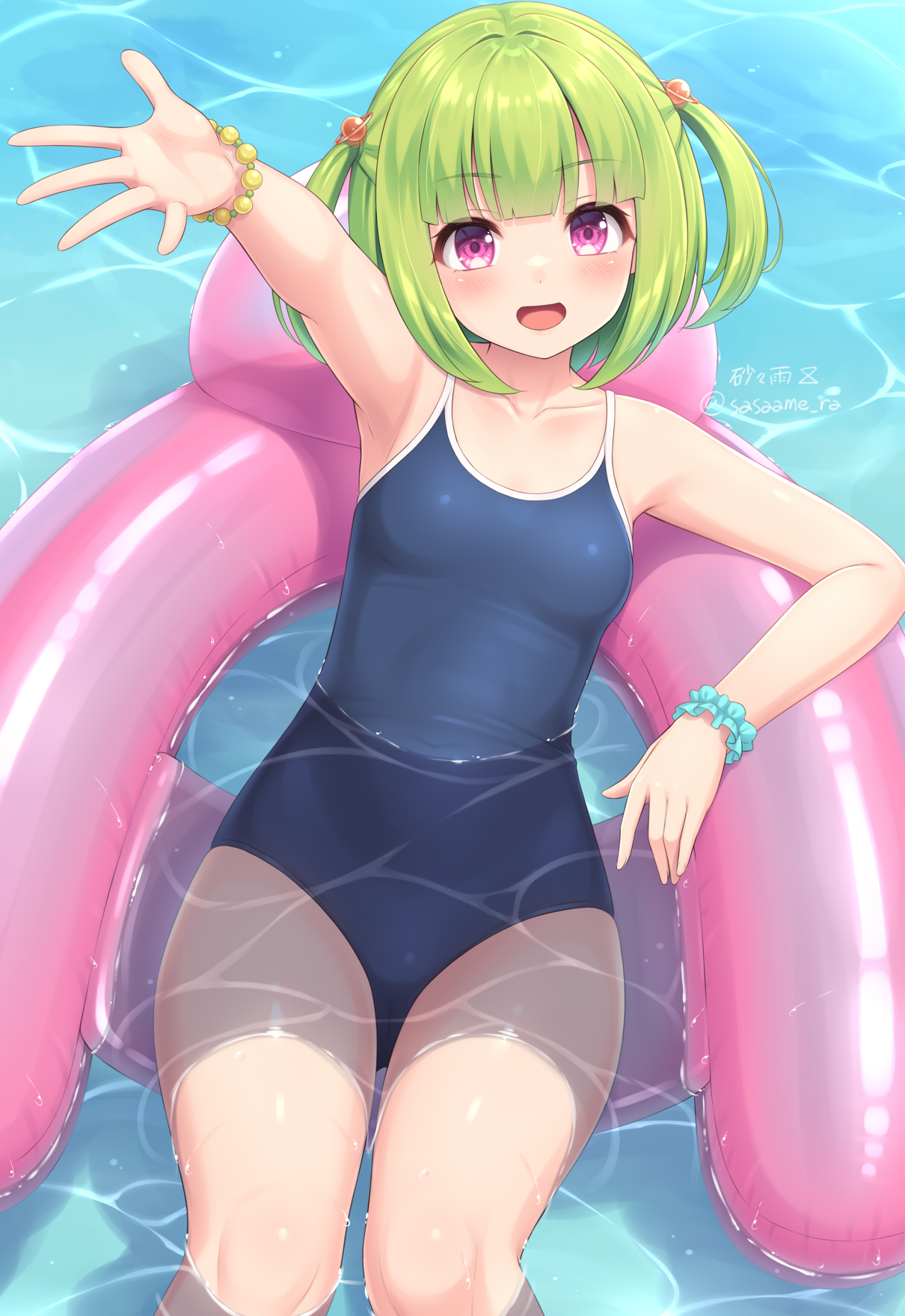 sasaame, original, highres, 1girl, breasts, green hair, looking at viewer, one-piece swimsuit, open mouth, school swimsuit, small breasts, smile, solo, swimsuit