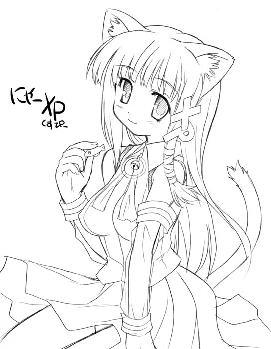 aoi kumiko, xp-tan, futaba channel, os-tan, animal ears, cat ears, greyscale, monochrome, solo
