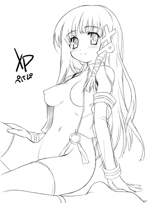 aoi kumiko, xp-tan, futaba channel, os-tan, 1girl, female focus, greyscale, monochrome, nipples, no panties, open clothes, open shirt, shirt, sitting, solo, thighhighs