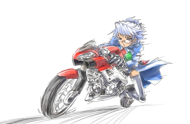 2k-tan, os-tan, vehicle, 1girl, female focus, glasses, motor vehicle, motorcycle, solo, thighhighs