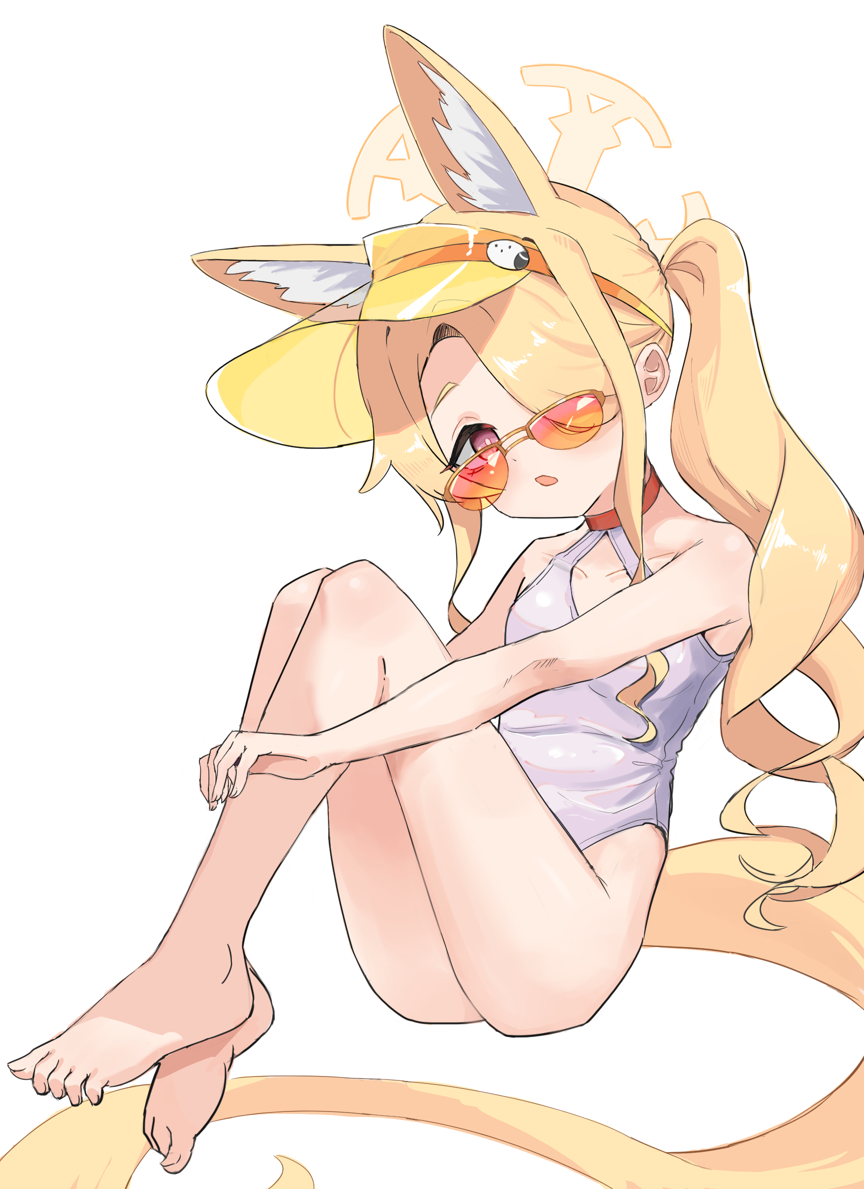chai shiliu, seia (blue archive), seia (swimsuit) (blue archive), blue archive, highres, 1girl, animal ear fluff, animal ears, blonde hair, breasts, cross halo, diamond cutout, fox ears, fox girl, fox tail, hair over one eye, halo, highleg, highleg one-piece swimsuit, long hair, looking at viewer, official alternate costume, official alternate hairstyle, one-piece swimsuit, orange-tinted eyewear, orange eyes, side ponytail, simple background, sitting, small breasts, solo, sunglasses, swimsuit, tail, tinted eyewear, visor cap, white background, white one-piece swimsuit, yellow halo, yellow visor