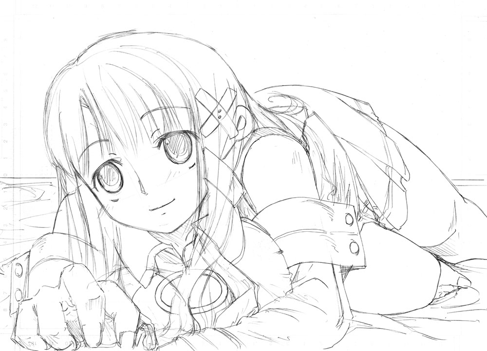 xp-tan, os-tan, breast press, breasts, greyscale, large breasts, lying, monochrome, solo