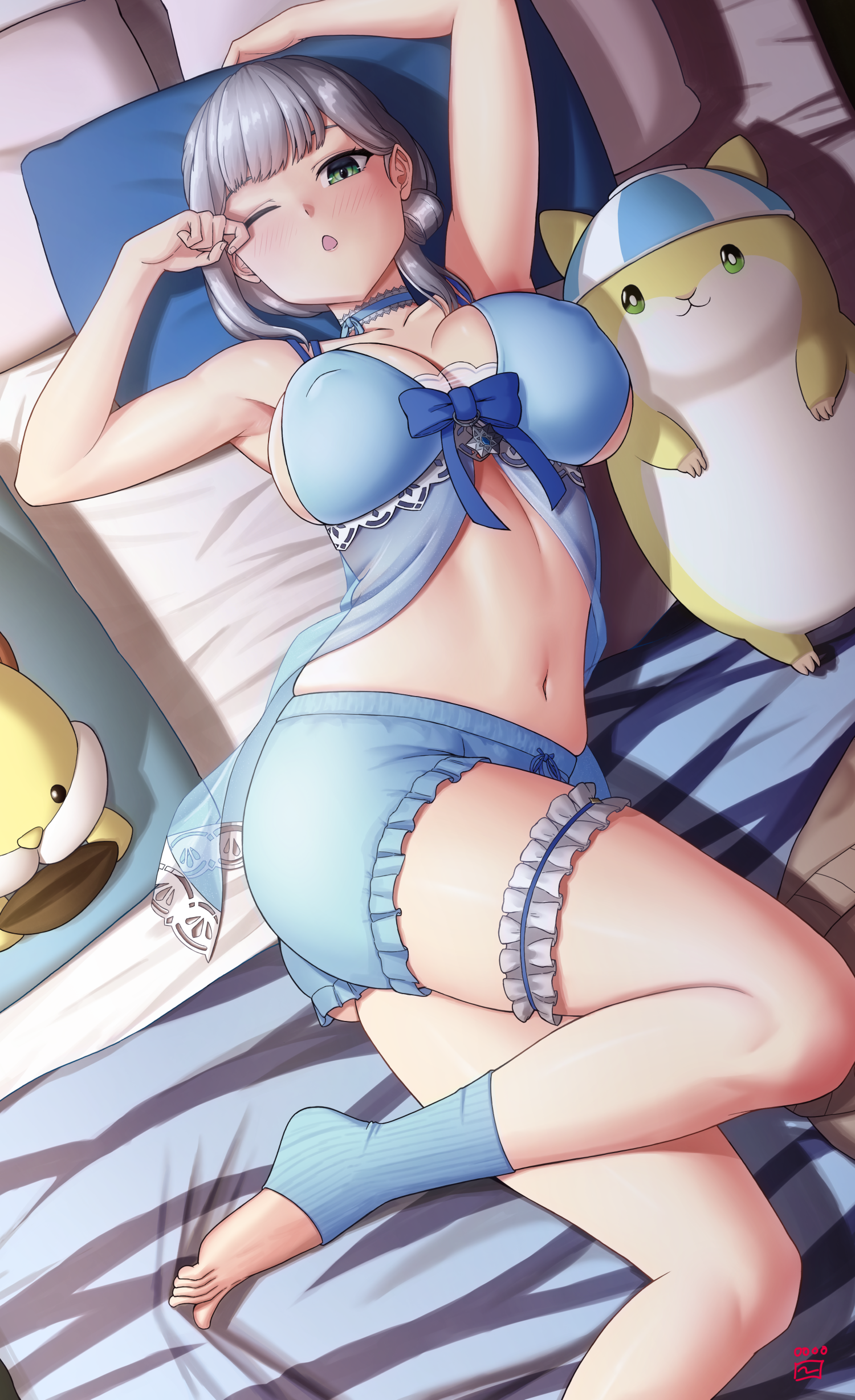 finalcake, dan'in-san (shirogane noel), shirogane noel, shirogane noel (9th costume), hololive, absurdres, commentary request, highres, 1girl, armpits, babydoll, blue babydoll, blunt bangs, breasts, cleavage, covered erect nipples, frilled thigh strap, full body, green eyes, grey hair, hair rings, indoors, large breasts, linea alba, looking at viewer, lying, medium hair, navel, official alternate costume, on back, on bed, one eye closed, open mouth, outstretched arm, shorts, single hair ring, solo, stuffed toy, thigh strap, virtual youtuber