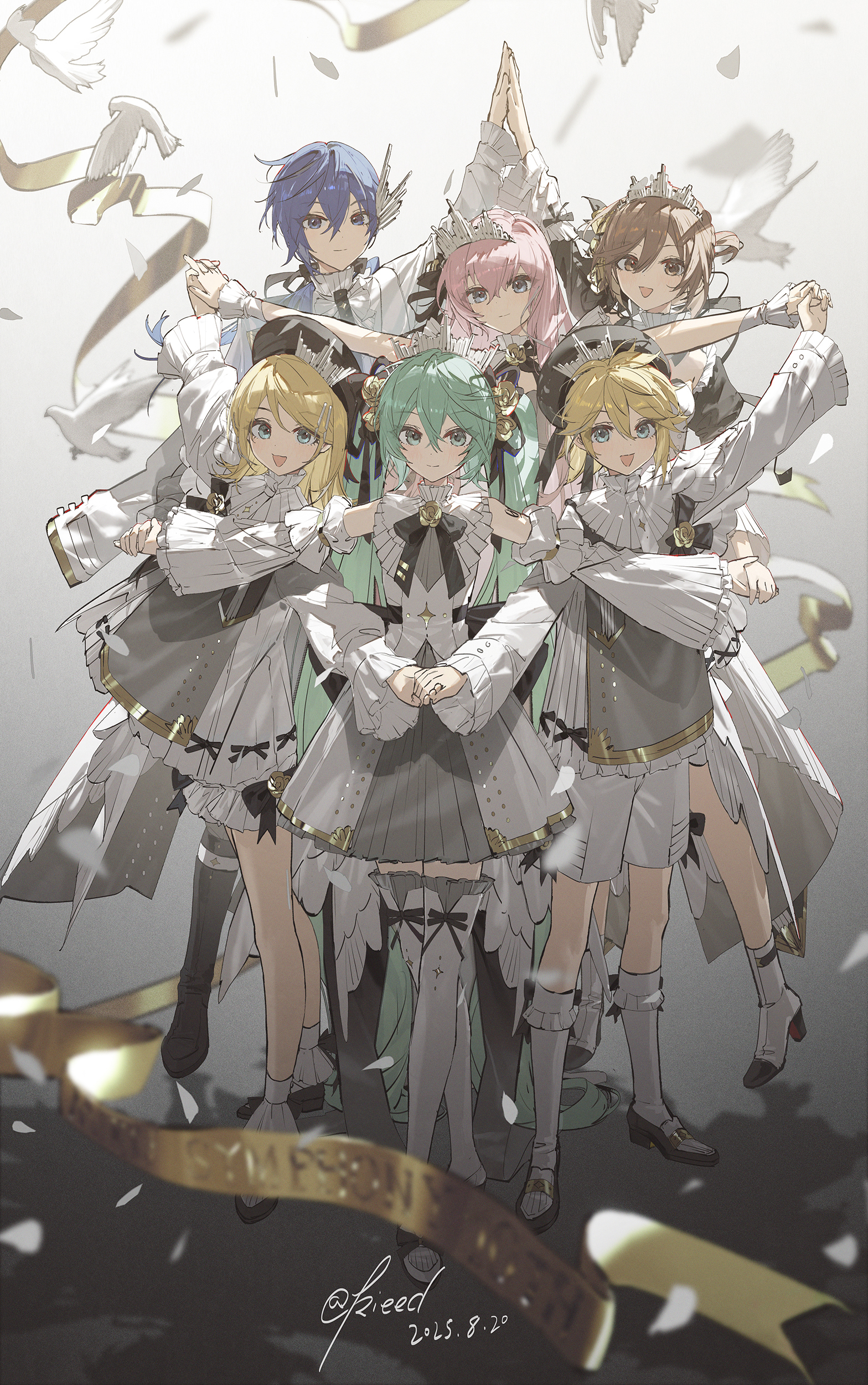 kieed, hatsune miku, kagamine len, kagamine rin, kaito (vocaloid), megurine luka, meiko (vocaloid), miku symphony (vocaloid), vocaloid, absurdres, chinese commentary, commentary request, highres, photo-referenced, 2boys, 4girls, aqua hair, black boots, black bow, blonde hair, blue eyes, blue hair, blush, boots, bow, brown eyes, brown hair, brown shoes, closed mouth, crown, detached sleeves, dress, group pose, hair between eyes, hair ornament, hairclip, high heel boots, high heels, holding hands, knee boots, kneehighs, long hair, multiple boys, multiple girls, number tattoo, open mouth, pink hair, shoes, short hair, shoulder tattoo, sidelocks, sleeveless, sleeveless dress, smile, socks, tattoo, thighhighs, twintails, white boots, white dress, white socks, white thighhighs, wrist cuffs