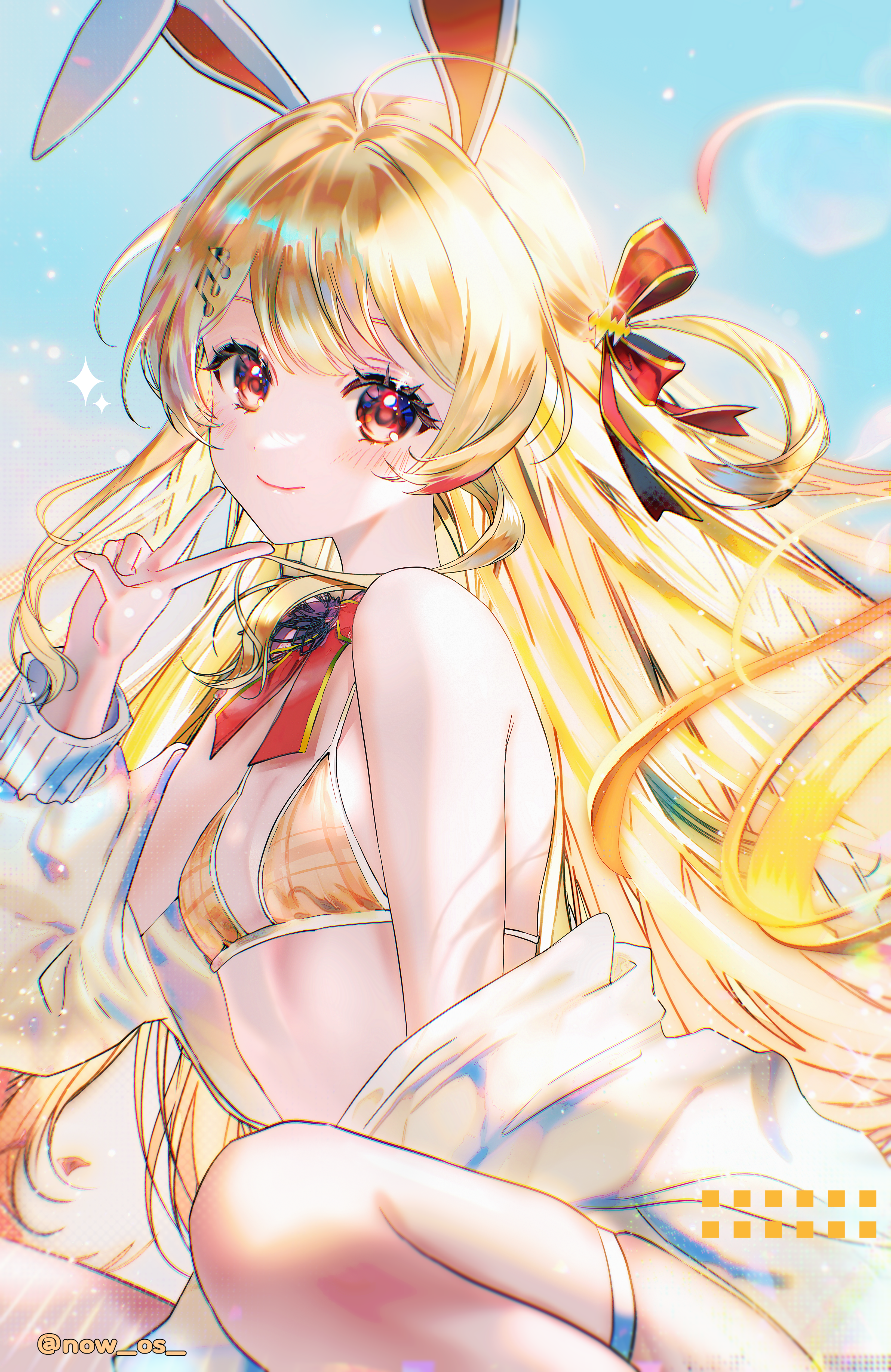 sowon, otonose kanade, hololive, hololive dev is, absurdres, commentary, highres, symbol-only commentary, 1girl, ahoge, alternate costume, beamed eighth notes, between legs, bikini, blonde hair, bow, bowtie, breasts, brown eyes, cleavage, closed mouth, double-parted bangs, eighth note, fortissimo, hair between eyes, hair ornament, hair ribbon, hairclip, hand between legs, hand up, jacket, jacket partially removed, long hair, looking at viewer, musical note, musical note hair ornament, one side up, orange bikini, rabbit, red bow, red bowtie, red ribbon, ribbon, sidelocks, sitting, small breasts, smile, solo, swimsuit, thigh strap, v, very long hair, virtual youtuber, white jacket