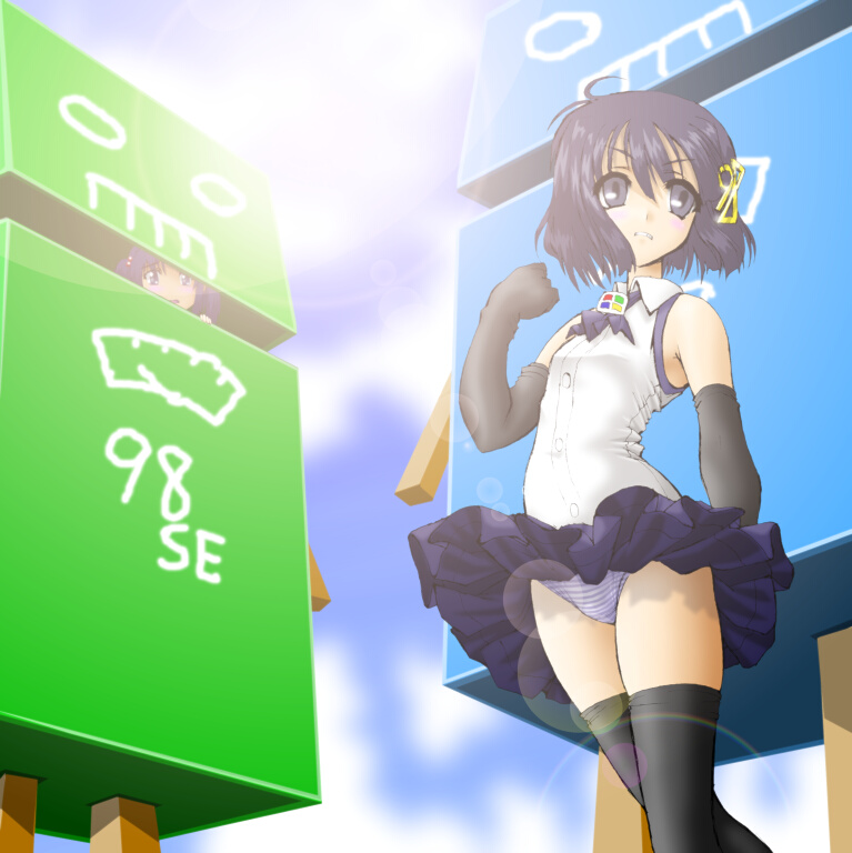 98-tan, 98se-tan, os-tan, 2girls, black gloves, black hair, black thighhighs, blouse, blue eyes, blue hair, blue panties, blue skirt, bob cut, clenched hand, clothes lift, elbow gloves, gloves, hair ornament, miniskirt, multiple girls, panties, parted bangs, serious, shirt, short hair, skirt, skirt lift, sleeveless, standing, striped clothes, striped panties, sunlight, thighhighs, underwear, wind, wind lift