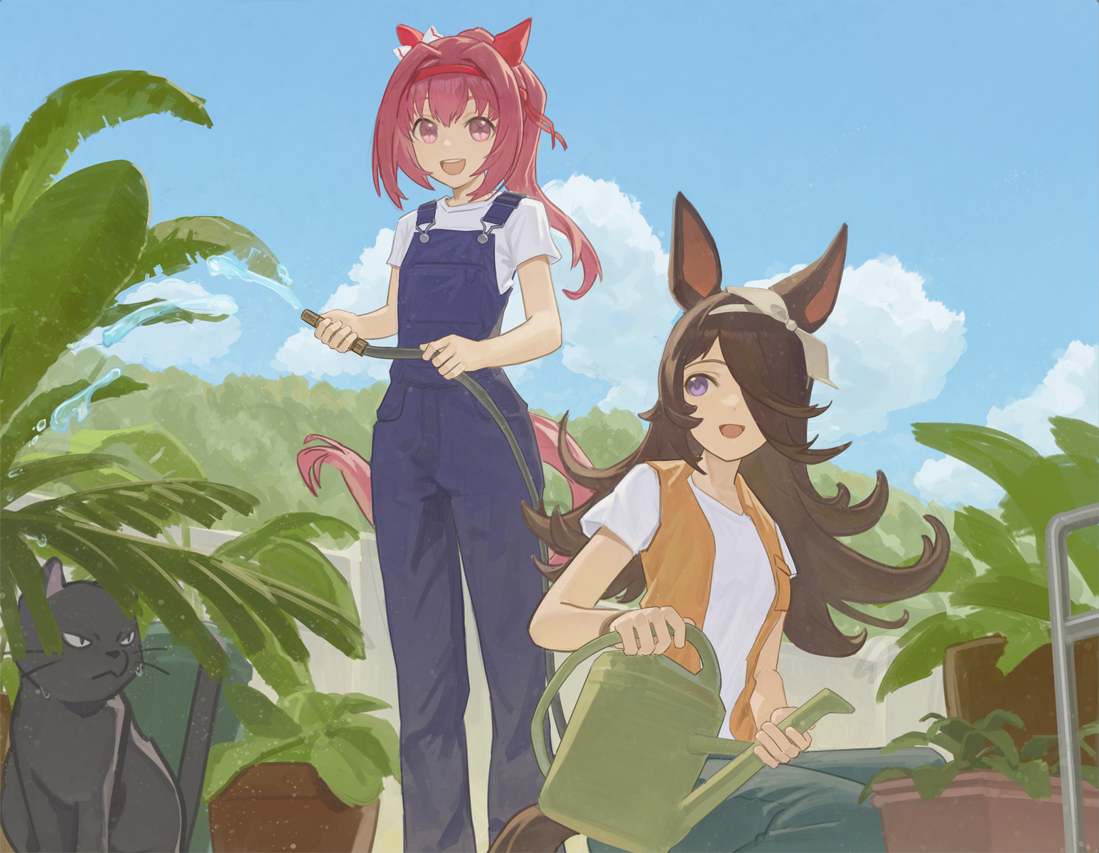 dotr art, haru urara (umamusume), rice shower (umamusume), umamusume, hashtag-only commentary, highres, 2girls, animal ears, bow, bow hairband, brown hair, cat, ear covers, hair bow, hair over one eye, hair ribbon, hairband, holding, holding hose, horse ears, horse girl, horse tail, hose, long hair, multiple girls, open mouth, orange vest, outdoors, overalls, pink eyes, pink hair, plant, potted plant, purple eyes, red ribbon, ribbon, shirt, smile, tail, teeth, upper teeth only, vest, watering can, white bow, white hairband, white shirt