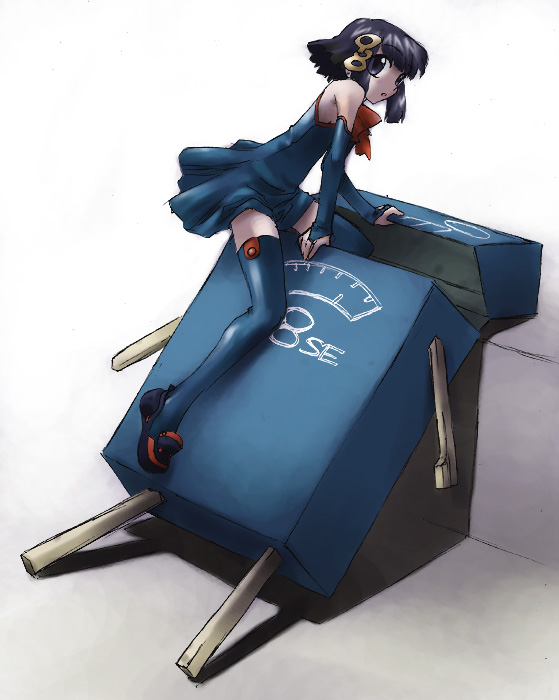 hirai yukio, 98-tan, os-tan, 1girl, bare shoulders, blue thighhighs, bridal gauntlets, detached sleeves, elbow gloves, female focus, gloves, short hair, solo, thighhighs