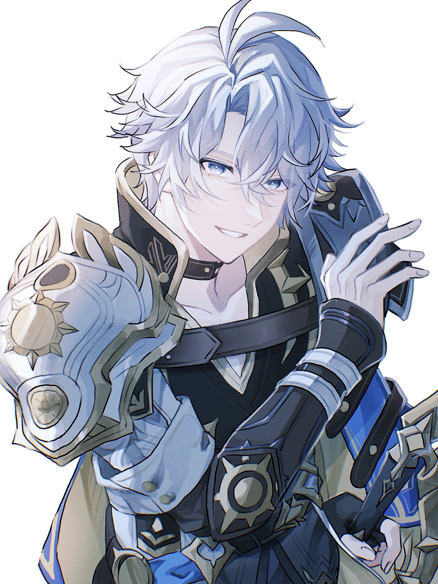 phainon (honkai: star rail), honkai: star rail, honkai (series), highres, 1boy, antenna hair, armor, black choker, black gloves, black pants, blue cape, blue eyes, cape, choker, coat, collarbone, crossed bangs, fingerless gloves, fz7047, gloves, grey hair, grin, hand up, looking at viewer, male focus, pants, parted bangs, pauldrons, short hair, shoulder armor, simple background, single glove, single pauldron, smile, solo, teeth, two-sided cape, two-sided fabric, upper body, white background, white coat, yellow cape, yellow pupils