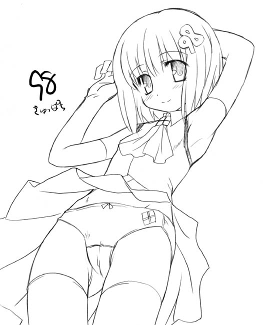 aoi kumiko, 98-tan, futaba channel, os-tan, translation request, cameltoe, greyscale, monochrome, panties, solo, thighhighs, underwear