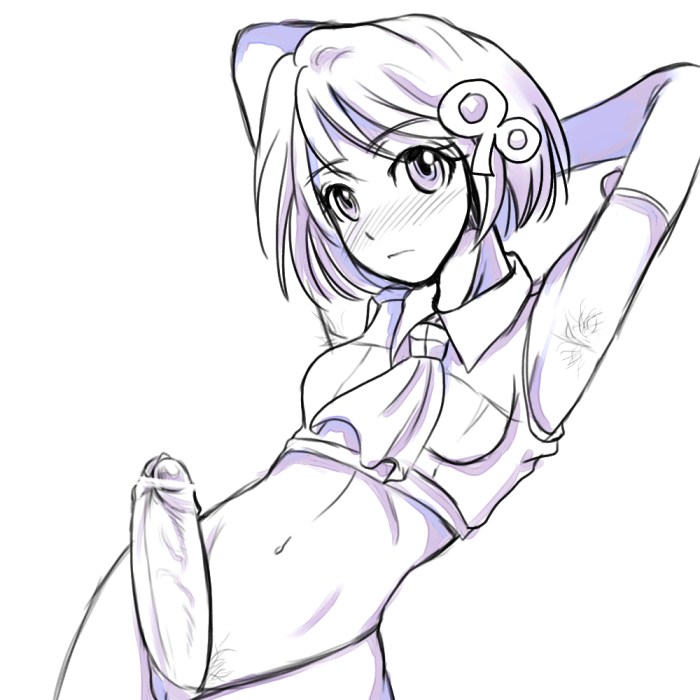 98-tan, os-tan, 1futa, armpit hair, armpits, arms behind head, censored, elbow gloves, female pubic hair, foreskin, futanari, gloves, hair ornament, loli, lowleg, lowleg panties, monochrome, navel, no testicles, panties, penis, pubic hair, short hair, solo, underwear