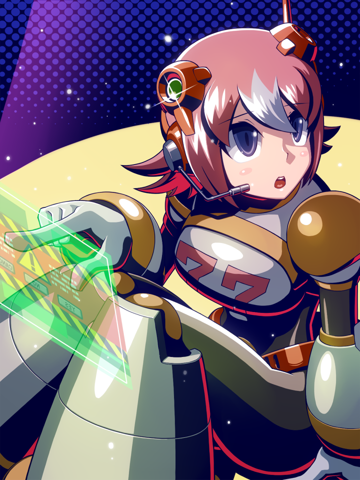 napo, nana (mega man x: command mission), mega man (series), mega man x: command mission, mega man x (series), commentary request, 1girl, android, armor, black bodysuit, blue background, blue eyes, blush stickers, bodysuit, breasts, dotted background, glint, gloves, hair between eyes, headset, holographic interface, large breasts, looking to the side, multicolored hair, open mouth, pink hair, robot ears, short hair, sitting, solo, teeth, two-tone hair, upper teeth only, white gloves, white hair