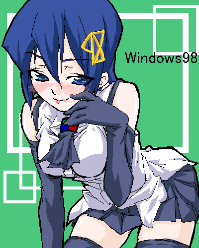 98-tan, os-tan, lowres, tagme, 1girl, black necktie, black thighhighs, blouse, cowboy shot, eyes visible through hair, female focus, green background, hair between eyes, necktie, oekaki, shirt, sleeveless, sleeveless shirt, solo, thighhighs