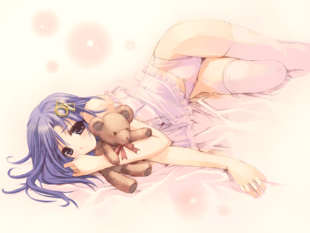 hasumi elan, 98-tan, os-tan, 1girl, blue hair, bow, bow panties, camisole, female focus, kneehighs, lingerie, lying, on side, panties, purple hair, socks, solo, stuffed animal, stuffed toy, teddy bear, thighhighs, underwear, white panties, white socks, white thighhighs