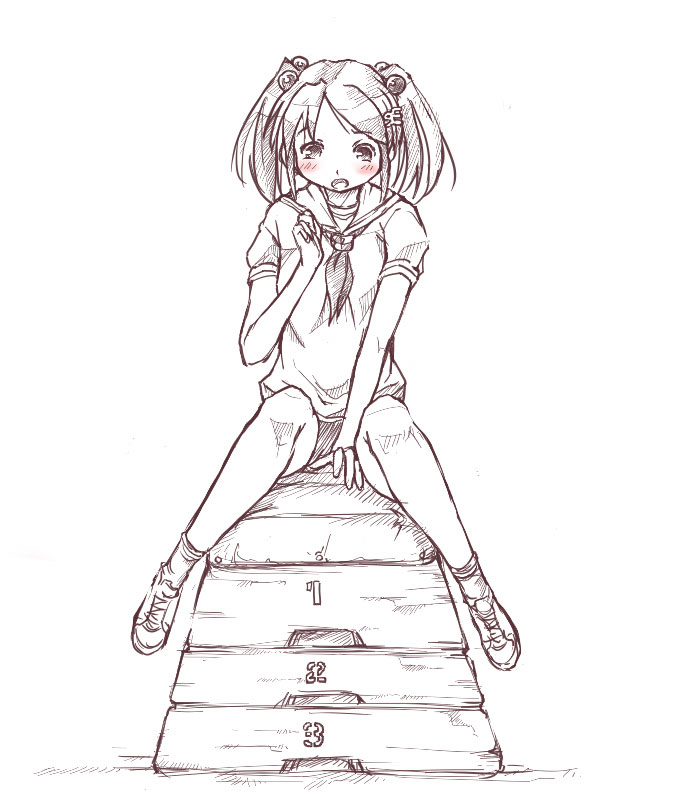 98se-tan, os-tan, 1girl, between legs, blush, female focus, full body, greyscale, hair bobbles, hair ornament, hairclip, hand between legs, looking at viewer, monochrome, neckerchief, puffy short sleeves, puffy sleeves, school uniform, serafuku, shoes, short hair, short sleeves, simple background, sitting, sketch, sneakers, socks, solo, spot color, twintails, vaulting horse, white background