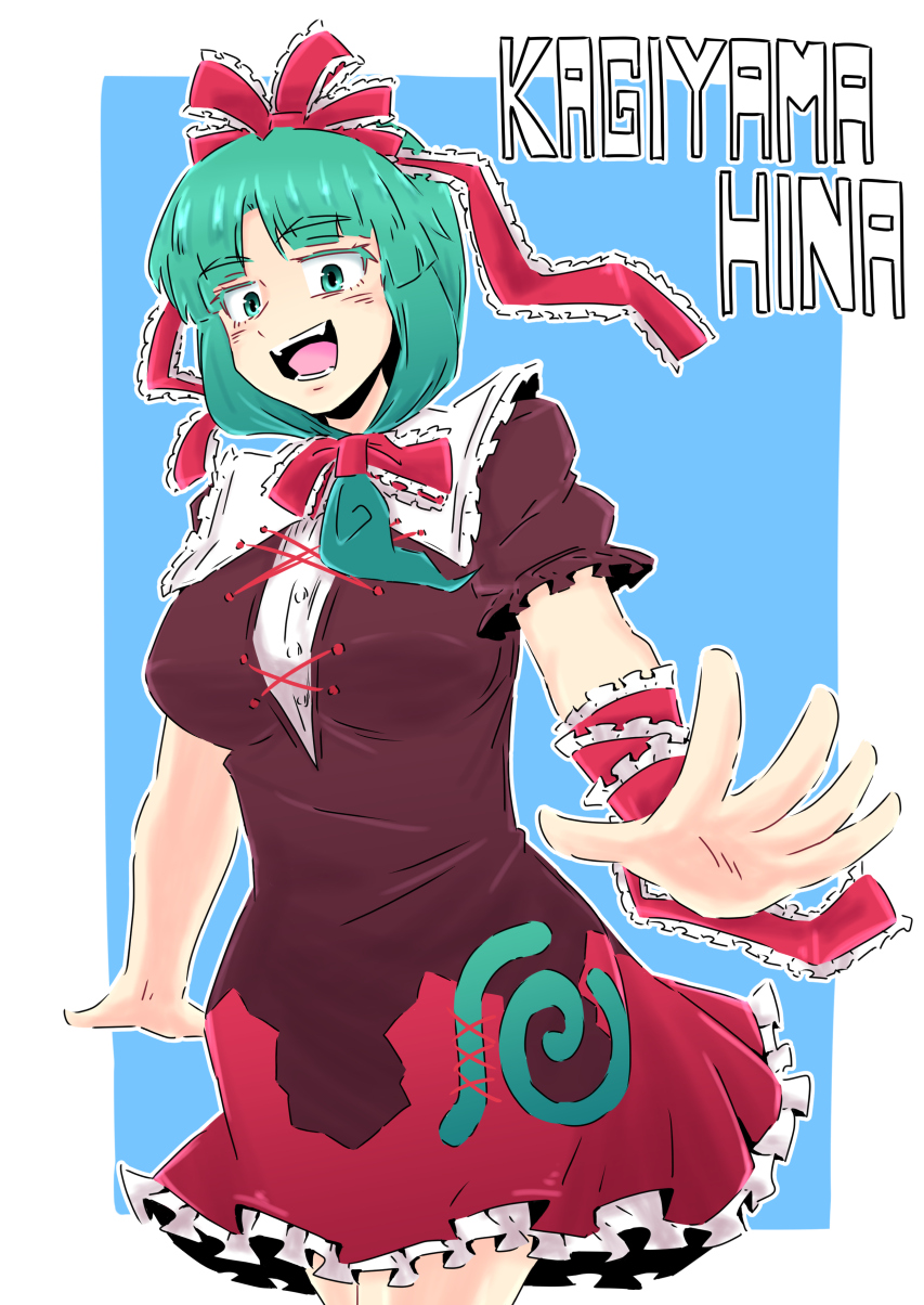 sakamoto fred, kagiyama hina, touhou, highres, 1girl, arm ribbon, bow, breasts, character name, dress, frilled bow, frilled dress, frilled ribbon, frills, front ponytail, green eyes, green hair, hair bow, hair ribbon, looking at viewer, open mouth, red bow, red dress, red ribbon, ribbon, solo, teeth