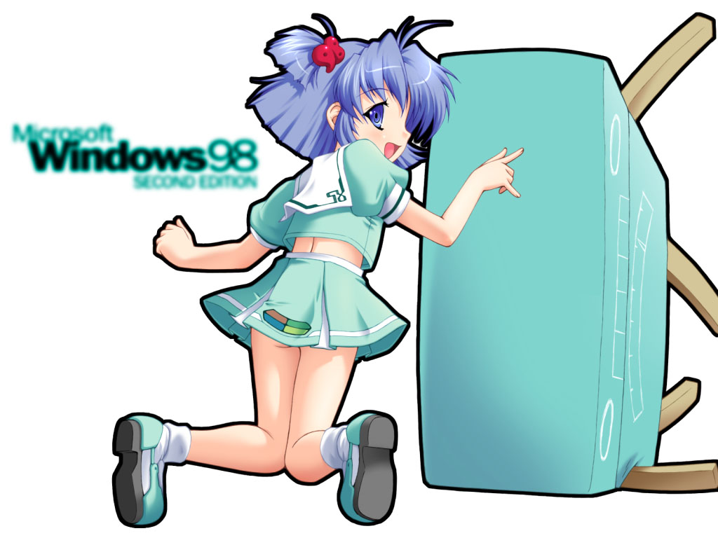 98se-tan, os-tan, 1girl, ahoge, aqua shoes, aqua skirt, blue eyes, blue hair, english text, female focus, from behind, hair ornament, matching hair/eyes, open mouth, school uniform, serafuku, shoes, skirt, socks, solo, table, white socks