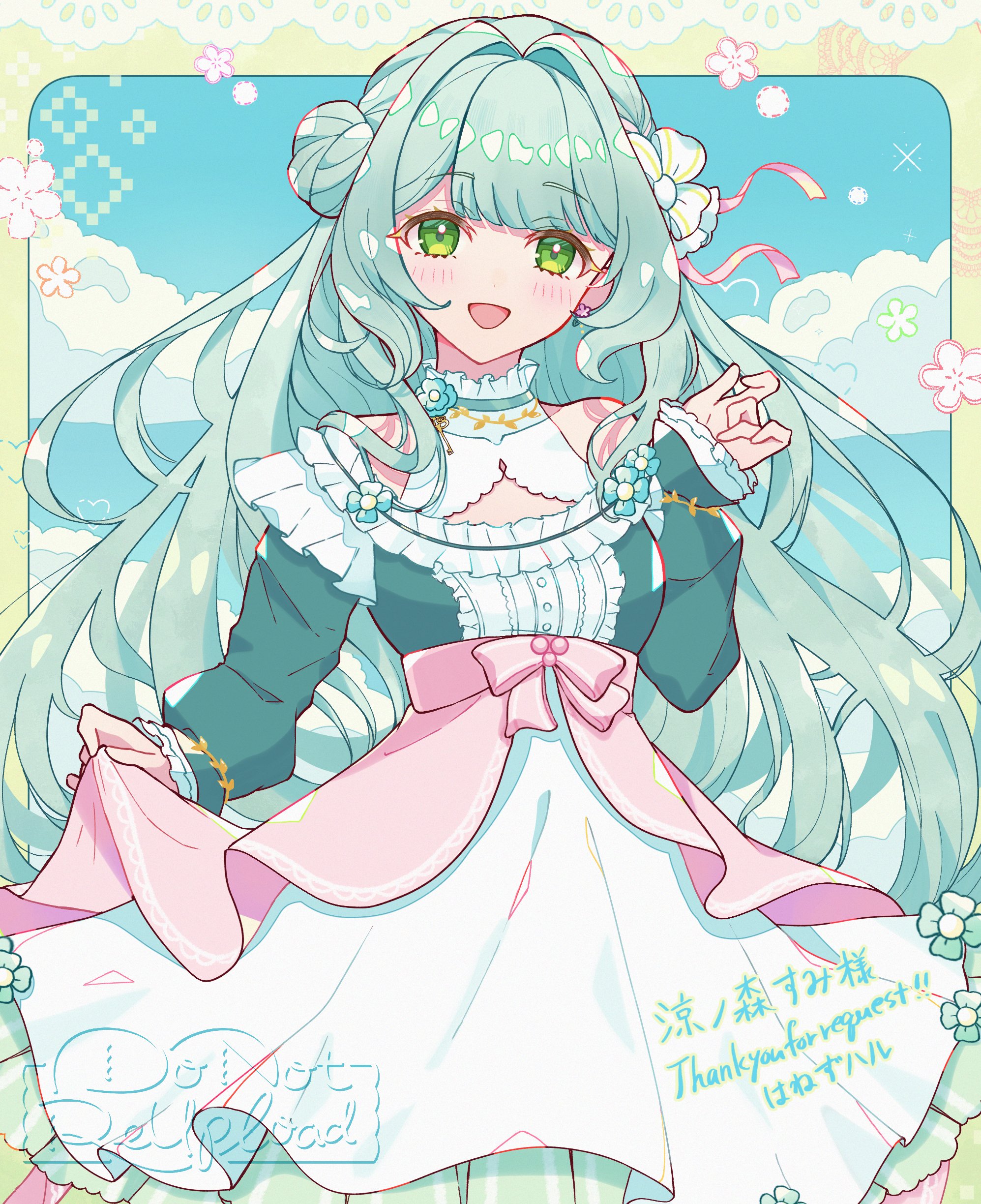 hanezu haru, haru (haruxxe), original, absurdres, commission, highres, skeb commission, 1girl, aqua hair, blue sky, blush, breasts, cloud, dress, flower, green dress, green eyes, hair bun, hair ornament, long hair, long sleeves, looking at viewer, open mouth, outdoors, pink dress, ribbon, sky, smile, solo, very long hair, white dress