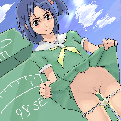 98se-tan, os-tan, artist request, lowres, 1girl, blue eyes, blue hair, blue sky, blush, character name, clothes lift, cloud, cloudy sky, day, dutch angle, female focus, frown, groin, letter, matching hair/eyes, neckerchief, panties, panty pull, pee, peeing, pussy, school uniform, short hair, short sleeves, side ponytail, skirt, skirt lift, sky, solo, stained panties, standing, tears, thighs, uncensored, underwear