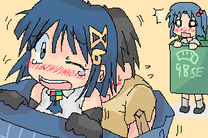 98se-tan, os-tan, lowres, 1boy, 2girls, black gloves, blue eyes, blue hair, character name, elbow gloves, full body, gloves, implied sex, in container, motion lines, multiple girls, o o, one eye closed, short sleeves, side ponytail, standing, wide-eyed, wince