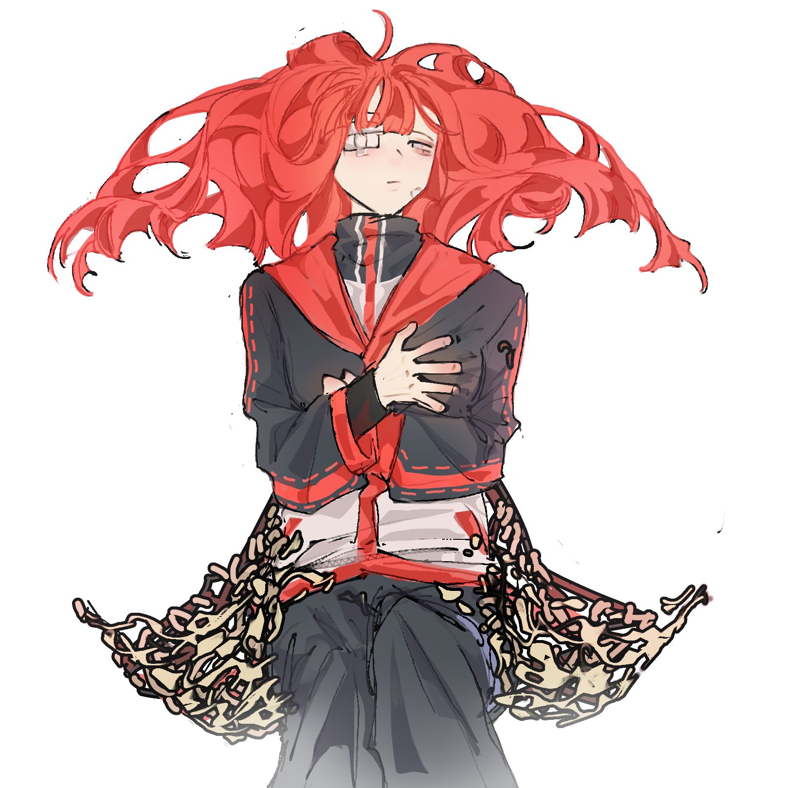 hydwamacroph, yuri (project moon), limbus company, project moon, highres, 1girl, black bow, black jacket, black pants, bow, closed mouth, gauze, gauze over eye, grey eyes, hair bow, jacket, long hair, long sleeves, looking at viewer, maggot, pants, red hair, sidelocks, simple background, solo, upper body, white background