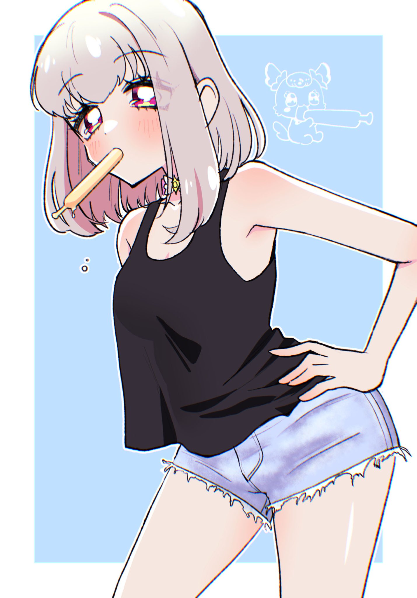 meranoreuka (pandapaca), purirun (precure), kimi to idol precure, precure, highres, 1girl, armpits, bare arms, bare legs, bare shoulders, black tank top, blonde hair, blue background, blunt bangs, blush, bob cut, breasts, choker, cleavage, cleavage cutout, clothing cutout, denim, denim shorts, drooling, food, hand on own waist, ice cream, looking at viewer, mouth hold, purirun (civilian) (precure), purirun (fairy) (precure), ribbon choker, shirt, short hair, shorts, sleeveless, sleeveless shirt, solo, solo focus, standing, stick, summer, tank top