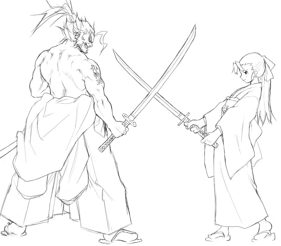 95-tan, os-tan, 1boy, 1girl, greyscale, katana, monochrome, sword, weapon