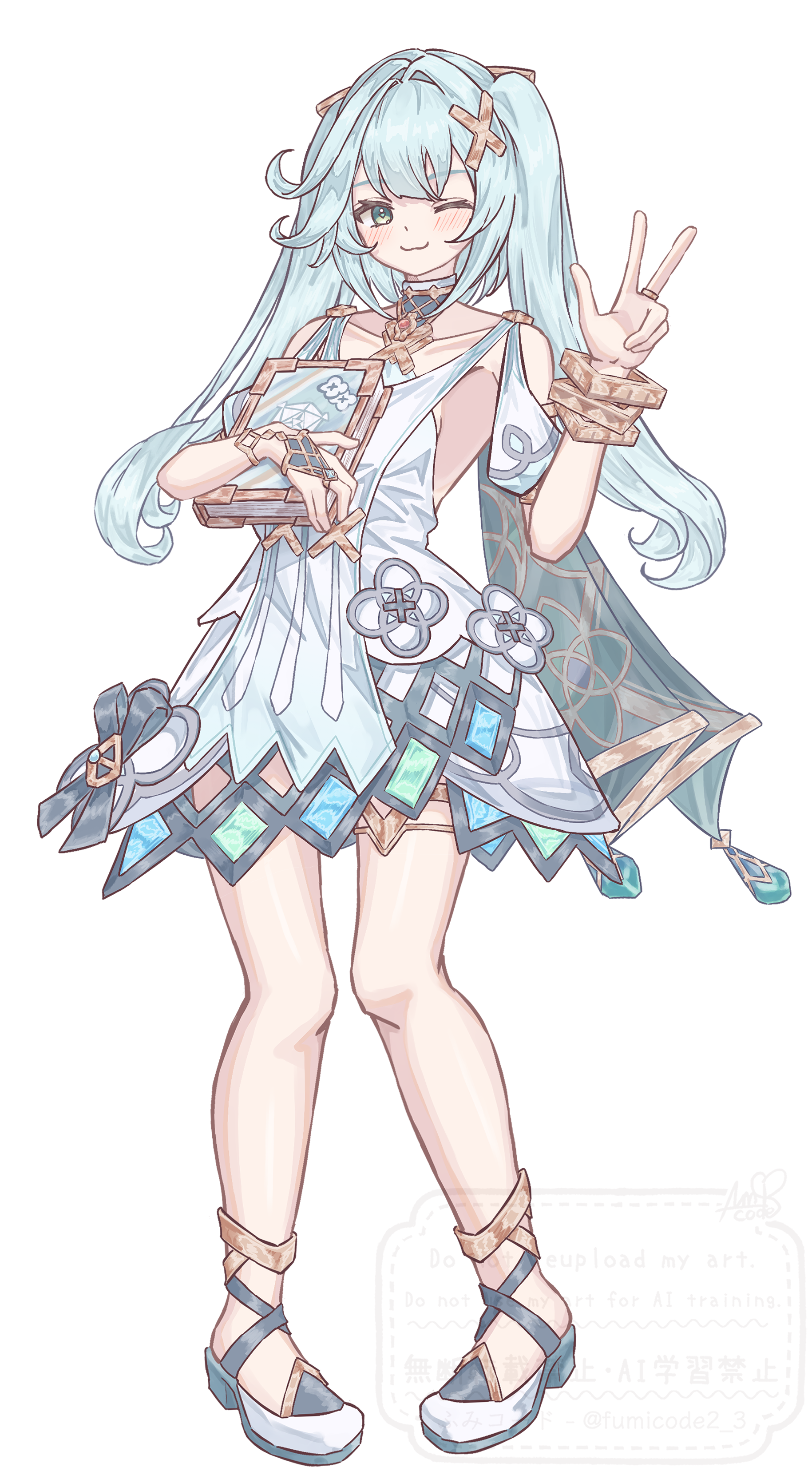 fumicode2 3, faruzan (genshin impact), genshin impact, absurdres, highres, 1girl, ;), aqua eyes, aqua hair, armpit cutout, bare legs, bare shoulders, book, bracelet, clothing cutout, dress, full body, hair ornament, holding, holding book, jewelry, long hair, looking at viewer, one eye closed, shoes, short sleeves, shoulder cutout, simple background, smile, solo, standing, twintails, very long hair, white background, white dress, x hair ornament