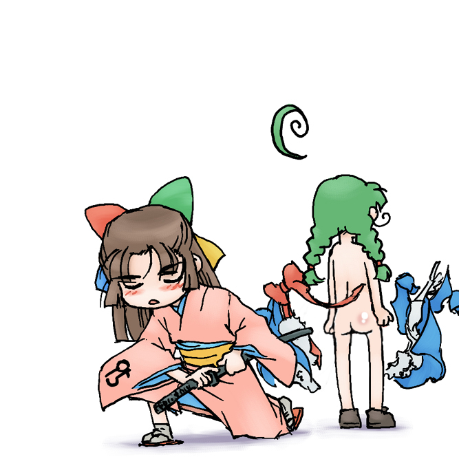 95-tan, me-tan, os-tan, 2girls, ass, green hair, half updo, katana, multiple girls, nude, sword, weapon
