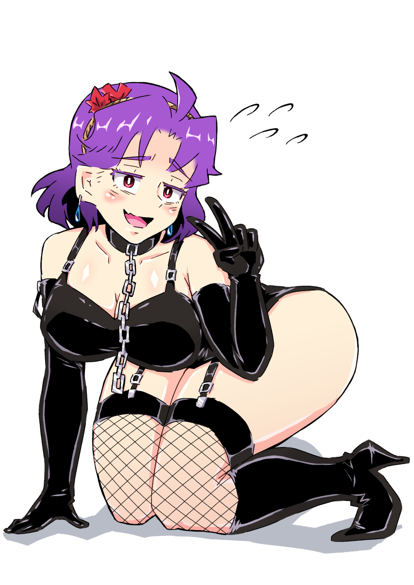 sakamoto fred, yasaka kanako, touhou, highres, 2girls, ahoge, black gloves, bodysuit, earrings, embarrassed, fang, fishnet thighhighs, fishnets, gloves, jewelry, kneeling, latex, latex bodysuit, latex gloves, multiple girls, purple hair, red eyes, short hair, shy, skin fang, thigh strap, thighhighs, v