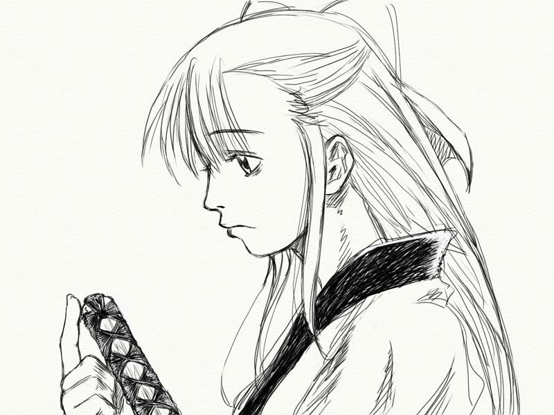 95-tan, os-tan, tagme, 1girl, bags under eyes, female focus, greyscale, half updo, monochrome, solo