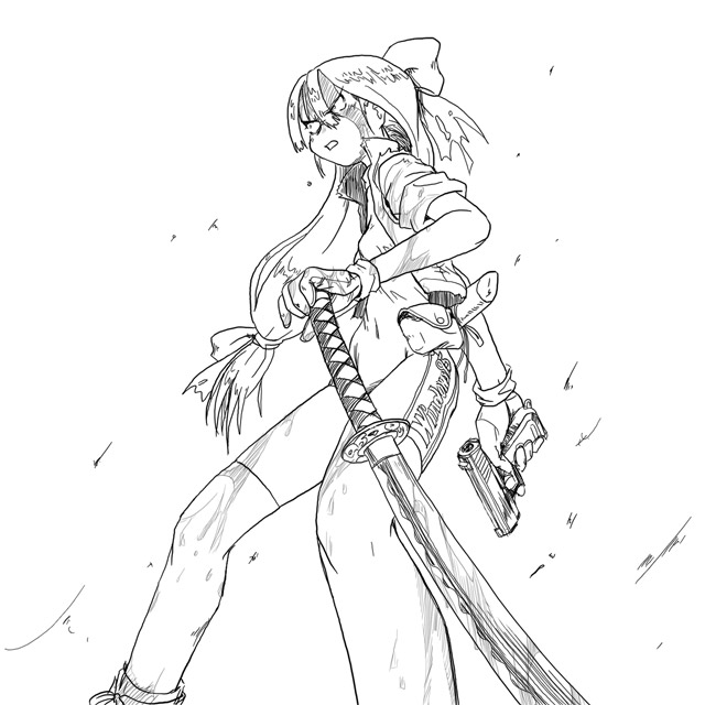 95-tan, heckler & koch, os-tan, 1girl, female focus, greyscale, gun, half updo, handgun, katana, monochrome, p7, pistol, semi-automatic pistol, solo, sword, thighhighs, weapon