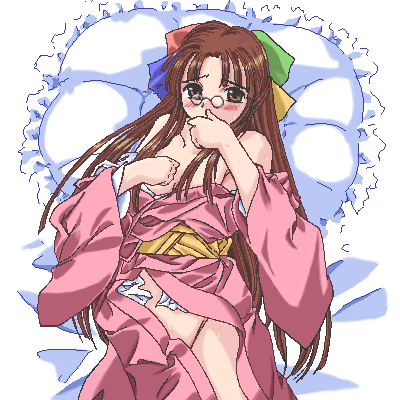 95-tan, os-tan, lowres, 1girl, bed, blush, brown eyes, brown hair, female focus, frilled pillow, frills, glasses, hand to own mouth, japanese clothes, kimono, long hair, no panties, pillow, ribbon, sash, solo, sweat