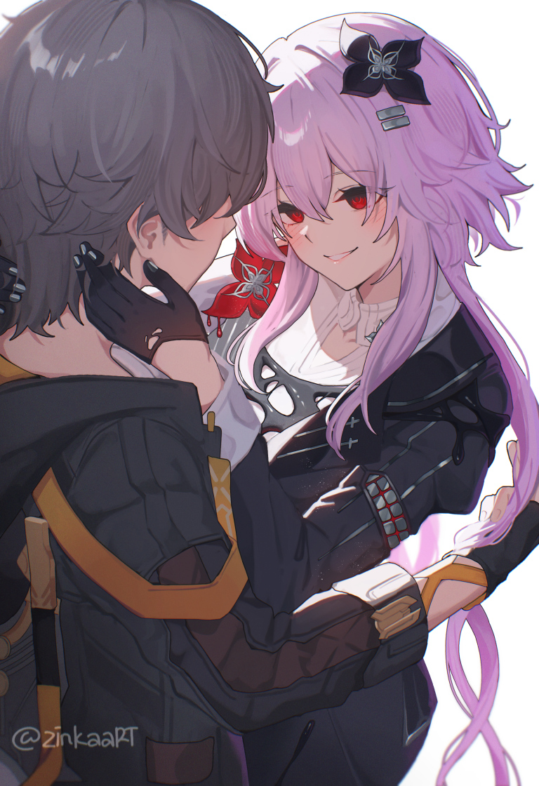 zinkaa, caelus (honkai: star rail), evernight (honkai: star rail), march 7th (honkai: star rail), trailblazer (honkai: star rail), honkai: star rail, honkai (series), 1boy, 1girl, black flower, black gloves, black jacket, blush, face-to-face, fingerless gloves, flower, gloves, grey hair, hair flower, hair ornament, hand on another's face, jacket, light particles, long hair, pink hair, red eyes, red flower, short hair, twitter username, white background