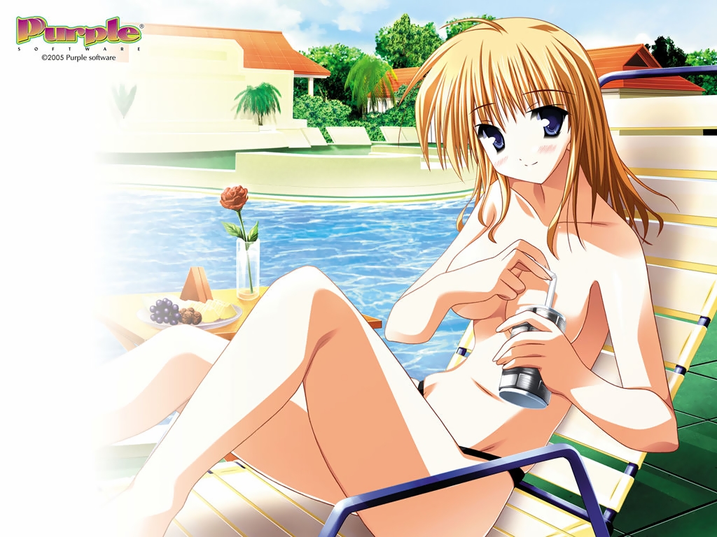 tsukimori hiro, yuuki makoto (radiant), sera kasumi, akiiro renka, purple software, official art, official wallpaper, 00s, 1girl, 2005, ahoge, bikini, bikini bottom only, black bikini, blonde hair, blue eyes, blush, breasts, chair, covering breasts, covering privates, day, drink, drinking straw, female focus, flower, food, fruit, grapes, legs, lounge chair, medium breasts, outdoors, pool, poolside, sitting, smile, solo, swimsuit, topfreedom, topless female, water, watermelon