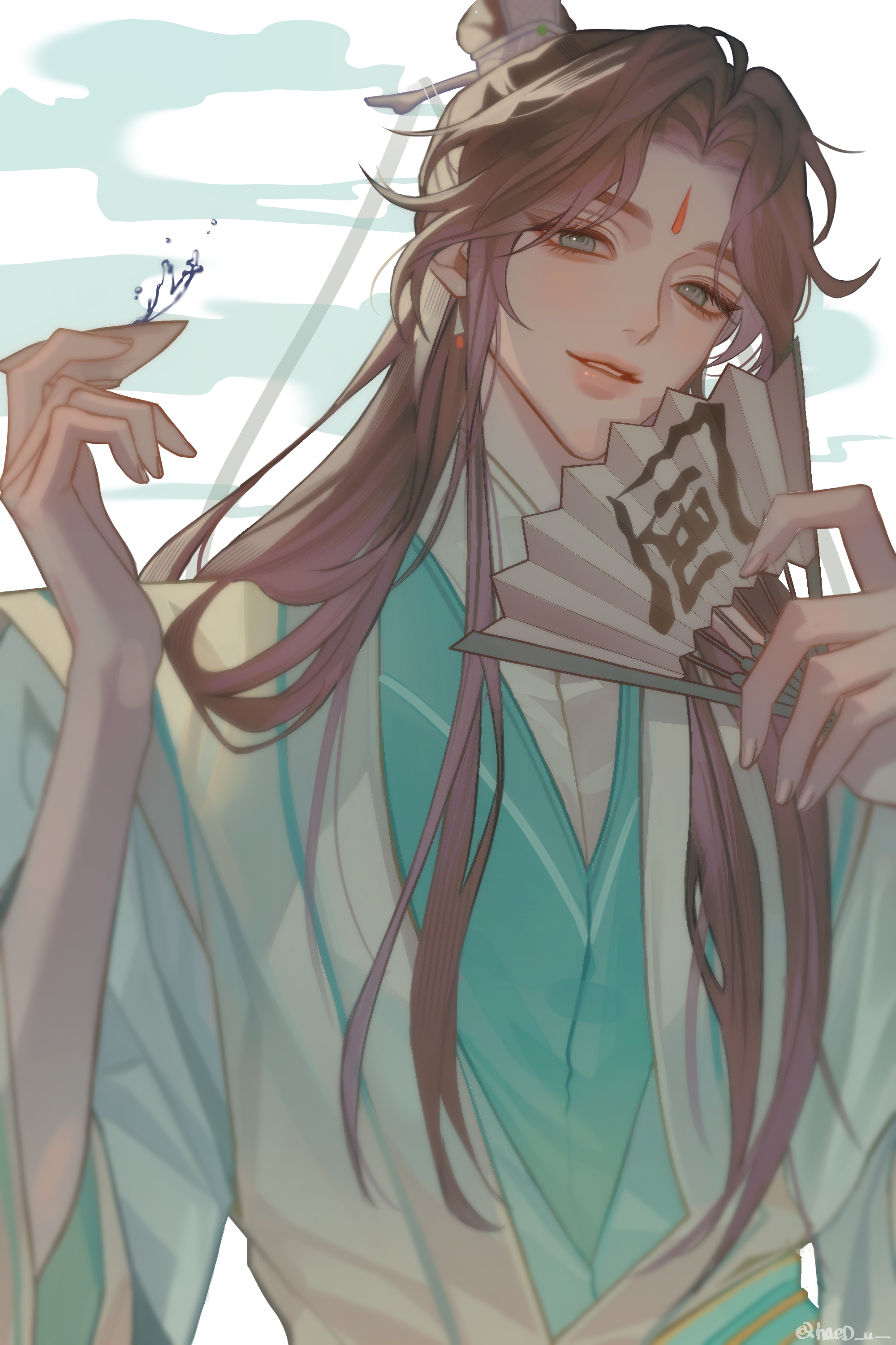 shi qingxuan, tianguan cifu, absurdres, highres, korean commentary, 1boy, alcohol, bishounen, brown hair, chinese clothes, colored smoke, cup, earrings, eyelashes, folding fan, green hanfu, haed u, hand fan, hand fan writing, hands up, hanfu, holding, holding cup, holding fan, huadian, jewelry, long hair, long sleeves, looking at viewer, male focus, paper fan, parted lips, ribboned xiao guan, robe, sakazuki, smile, smoke, solo, teeth, topknot, twitter username, two-tone hanfu, upper body, white background, white hanfu, wide sleeves, xiao guan (headdress)