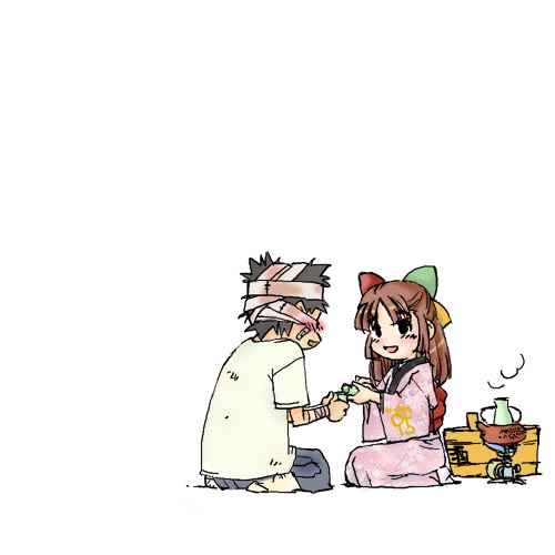 95-tan, os-tan, lowres, 1boy, 1girl, alcohol, bandages, japanese clothes, kimono, sake