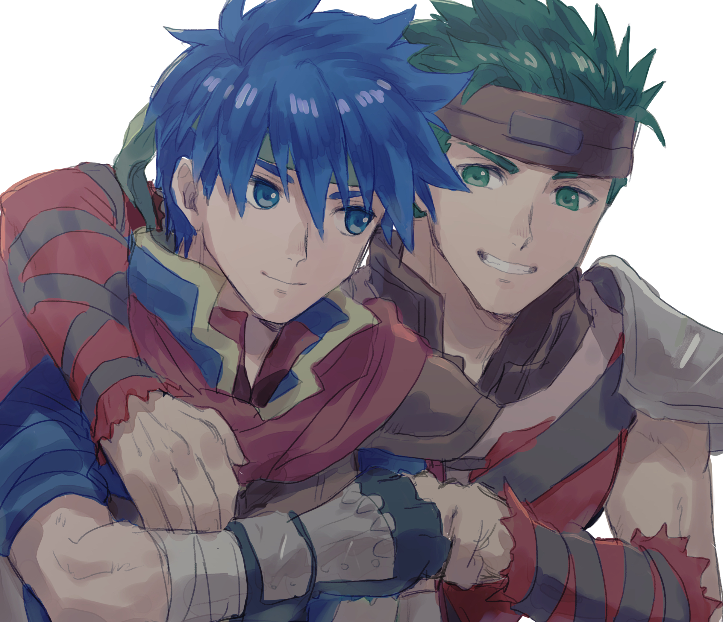 kometubu0712, boyd (fire emblem), ike (fire emblem), fire emblem, fire emblem: path of radiance, nintendo, commentary request, highres, 2boys, arm around shoulder, blue eyes, blue hair, fist bump, green eyes, green hair, grin, headband, male focus, multiple boys, short hair, simple background, smile
