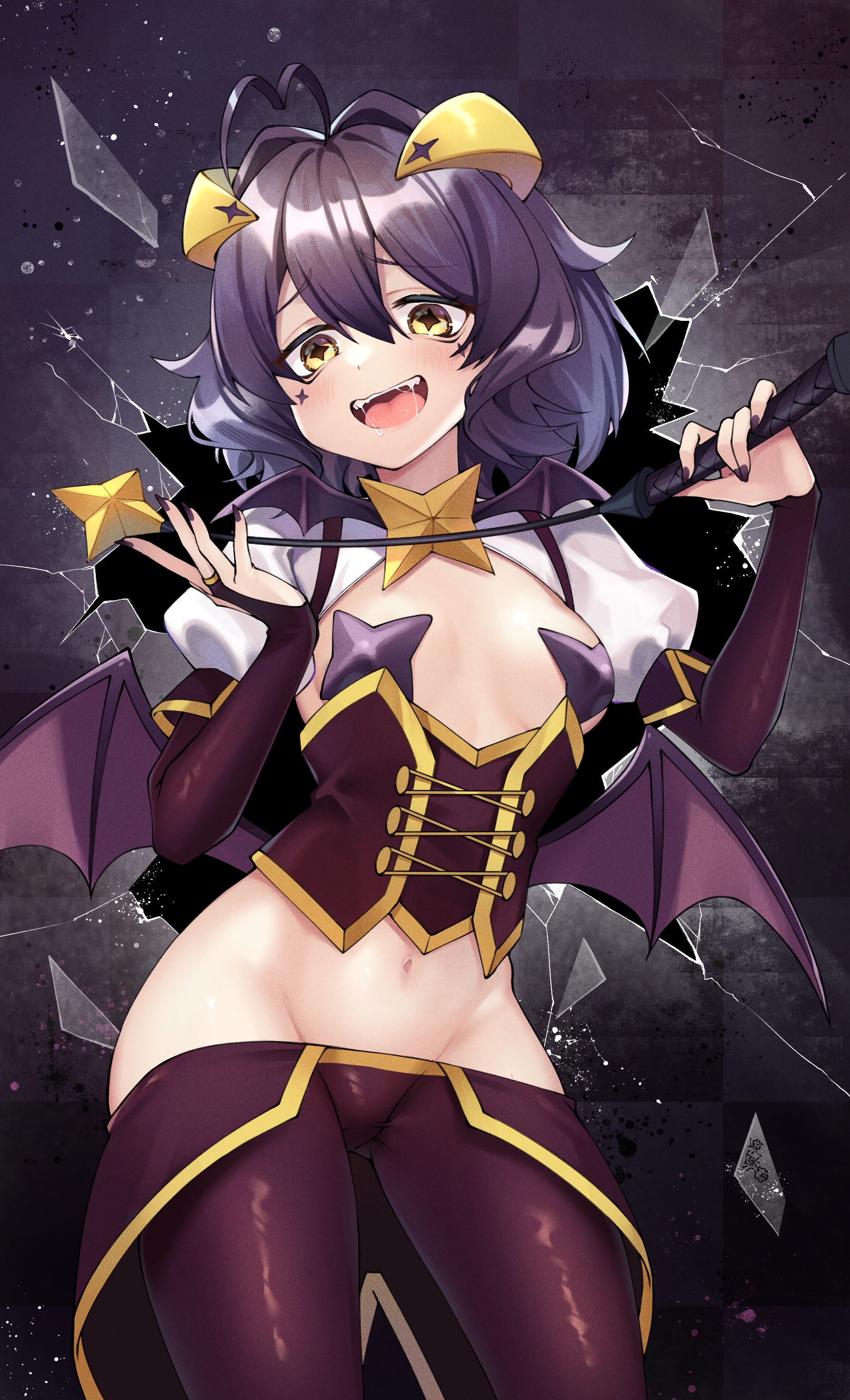 shinkai kokoa, hiiragi utena, magia baiser, mahou shoujo ni akogarete, absurdres, highres, 1girl, antenna hair, bat brooch, black hair, black nails, blush, breasts, bridal gauntlets, broken glass, corset, cross, cross-shaped pupils, cross facial mark, cross pasties, drooling, facial mark, fangs, forward-facing horns, glass, glass shards, groin, hair between eyes, hair intakes, holding, holding riding crop, horns, lowleg, lowleg pants, medium hair, nail polish, navel, open mouth, pants, pasties, purple corset, purple pants, purple pasties, riding crop, shattered, shrug (clothing), small breasts, solo, standing, star (symbol), star pasties, symbol-shaped pupils, white shrug, yellow eyes, yellow horns