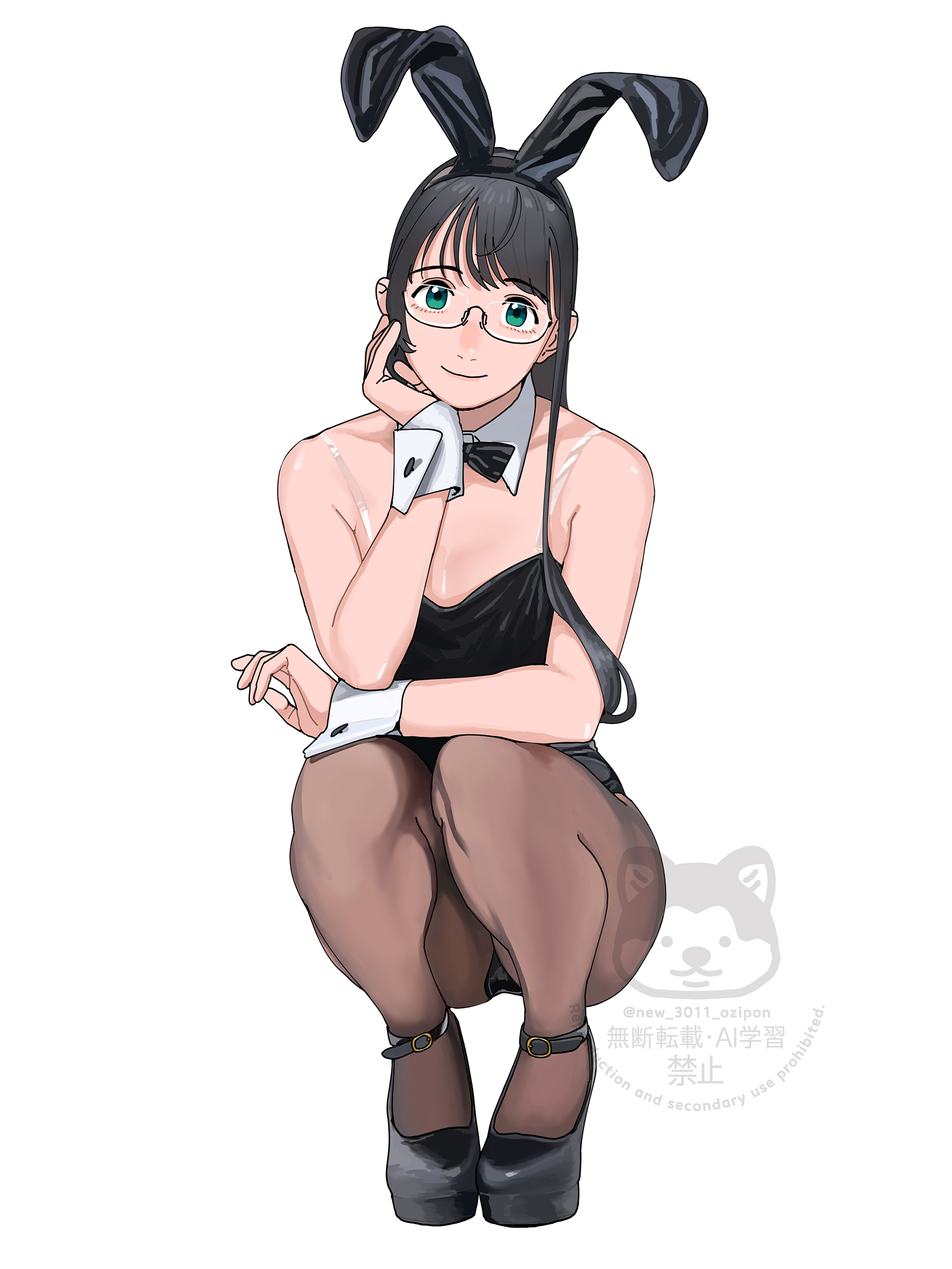 ojipon, ooyodo (kancolle), kantai collection, absurdres, highres, 1girl, alternate costume, animal ear hairband, animal ears, black bow, black bowtie, black hair, black leotard, black shoes, bow, bowtie, breasts, brown pantyhose, detached collar, fake animal ears, green hair, hairband, hand on own face, leotard, long hair, pantyhose, playboy bunny, rabbit ears, see-through strap, shoes, simple background, small breasts, smile, solo, squatting, watermark, white background, wrist cuffs
