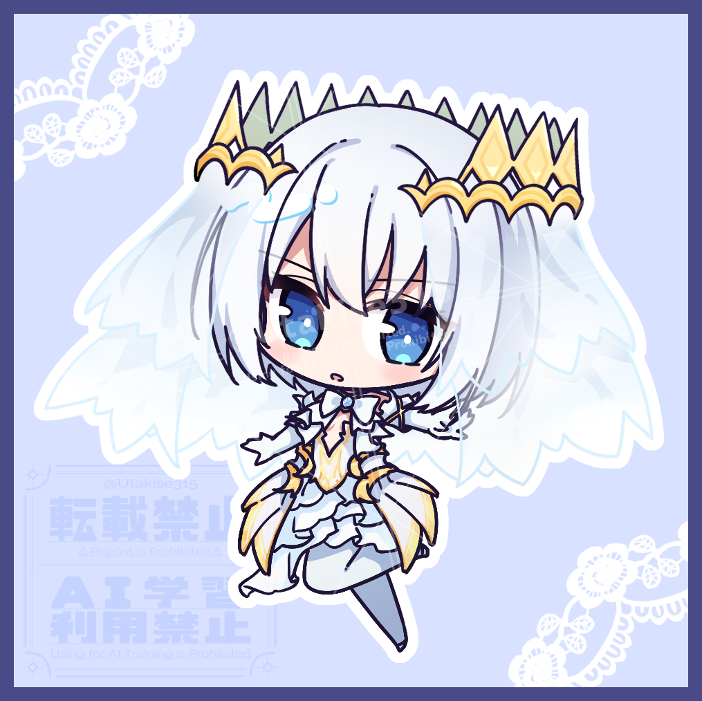 utakise315, tobiichi origami, date a live, 1girl, blue eyes, bow, bowtie, chibi, dress, elbow gloves, frilled dress, frills, gloves, leg up, looking at viewer, open mouth, pointed crown, short hair, solo, thighhighs, tobiichi origami (spirit), veil, white dress, white hair, white thighhighs