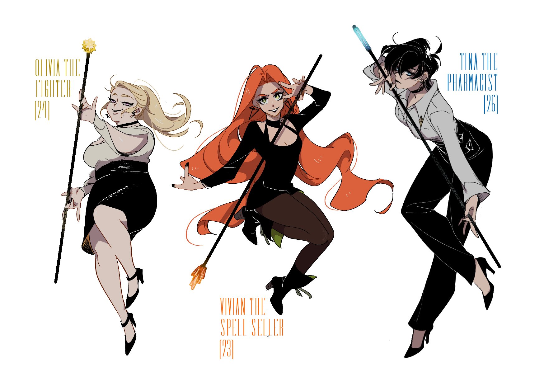 tweetyq1961, commentary, highres, 3girls, 3itches, black dress, black hair, black nails, black pants, black skirt, blonde hair, boots, character name, dress, earrings, full body, hair between eyes, halterneck, high heels, holding, holding polearm, holding weapon, jewelry, long hair, looking at viewer, multiple girls, olivia (3itches), orange hair, pants, pantyhose, polearm, ponytail, simple background, skirt, smile, tina (3itches), very long hair, vivian (3itches), weapon, white background